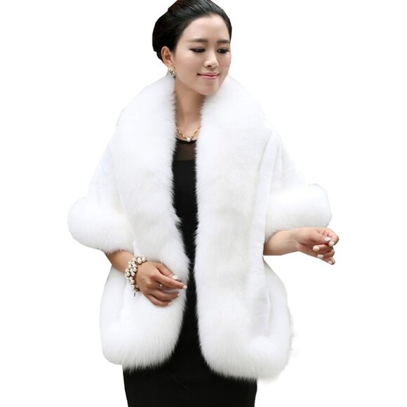 Jackets & Blazers - Women Luxury Faux Fur Coat Jackets Wrap Cape Shawl for Wedding Party